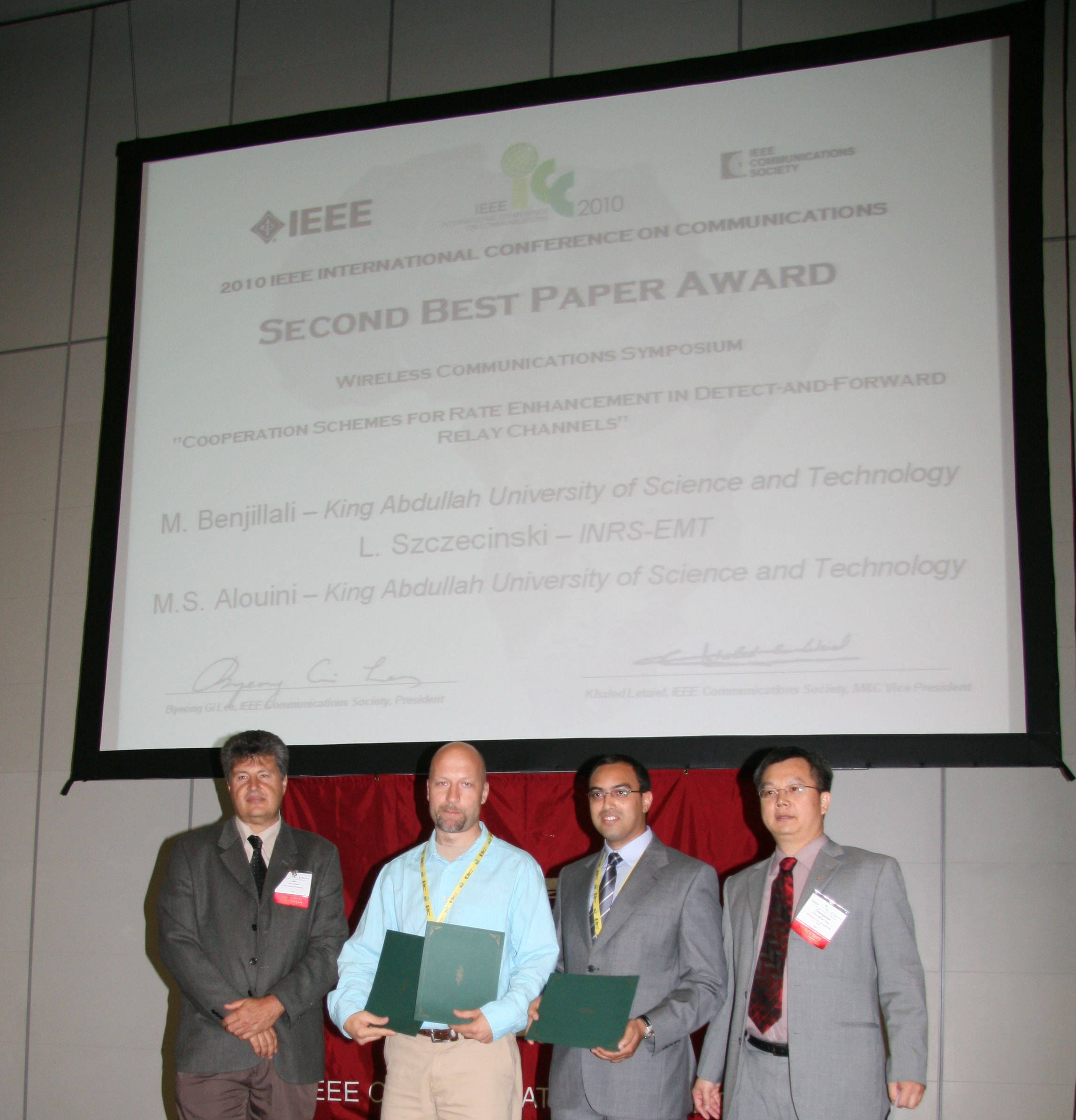Mustapha Benjillali Receiving Second Best Paper Award at ICC 2010 (May 2010)