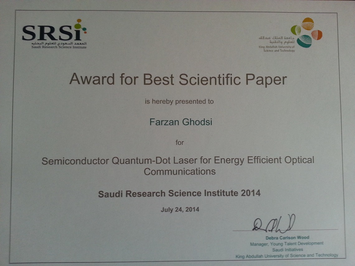KAUST CEMSE EE Photonics Farzan Ghodsi Best Scientific Paper Certificate