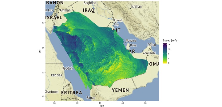 Map of hourly wind speed over Saudi Arabia in June 2010 from the WRF simulated data