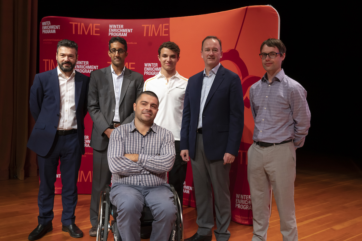 Key members of the KAUST-McLaren research partnership are shown here on campus during the University's 2019 Winter Enrichment Program; these include Mani Sarathy, associate director of the KAUST Clean Combustion Research Center (second from left); Lando Norris, McLaren F1 driver (third from left); Jonathan Neale, chief operating officer at the McLaren Group (second from right); and Matteo Parsani, KAUST assistant professor of applied mathematics and computational science (front row). File photo. 
