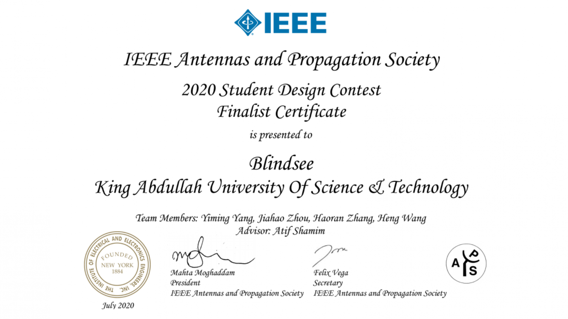 2020 IEEE APS Certificate