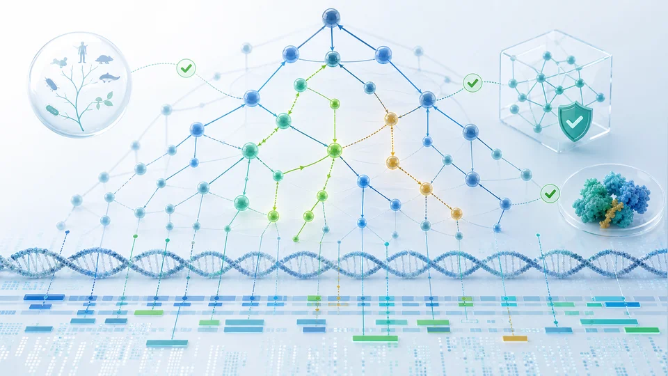 Abstract scientific illustration of Gene Ontology reasoning over genome-scale protein function annotations